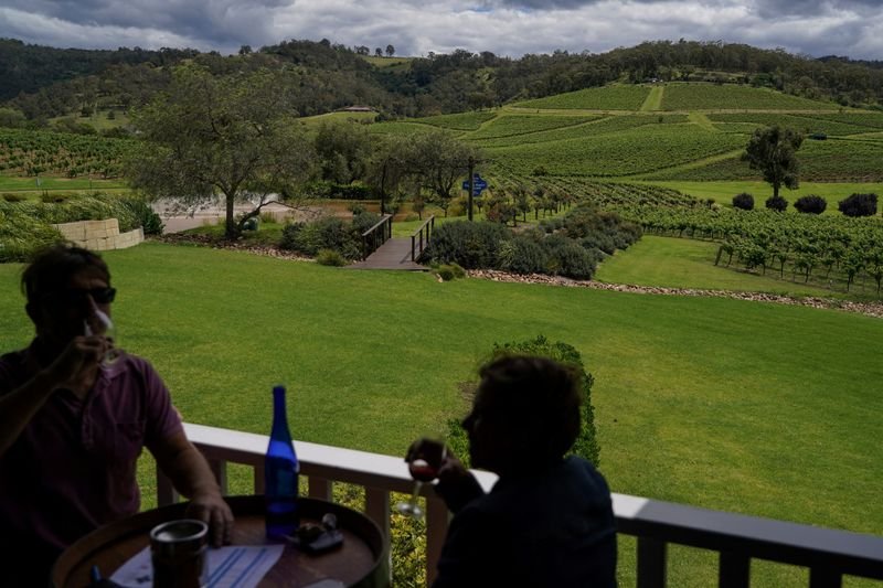 © Reuters. FILE PHOTO: Patrons enjoy outdoor wine tasting against the backdrop of the vineyard at Ivanhoe Wines, as wineries in the Hunter Valley region in the state of New South Wales, in Pokolbin, Australia, November 14, 2021. Picture taken November 14, 2021.  REUTERS/Loren Elliott/File Photo